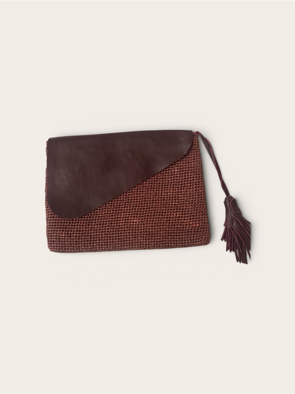 Brown Woven Clutch with Leather Flap and Tassel